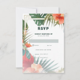 Cartão RSVP Casamento Destino com Flores Tropicais Aquarela 