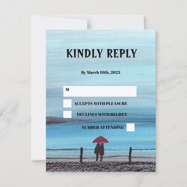 Cartão RSVP Casamento do Casal de Guarda-chuvas Vermelho Elega (Frente)