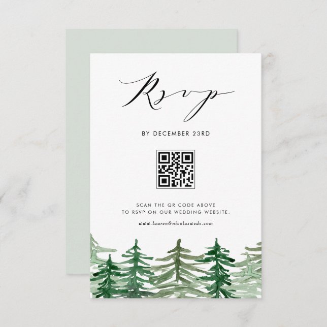 Cartão RSVP Casamento do Código QR da Floresta de Aquarela (Frente/Verso)