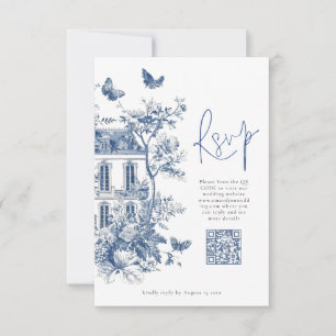 Cartão RSVP Casamento do Código QR de Toile De Jouy Azul Elega