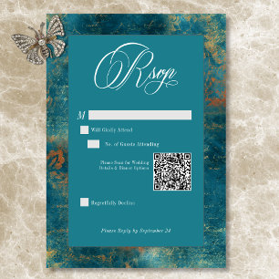 Cartão RSVP Casamento do Código QR do Dourado Damasco com Teal