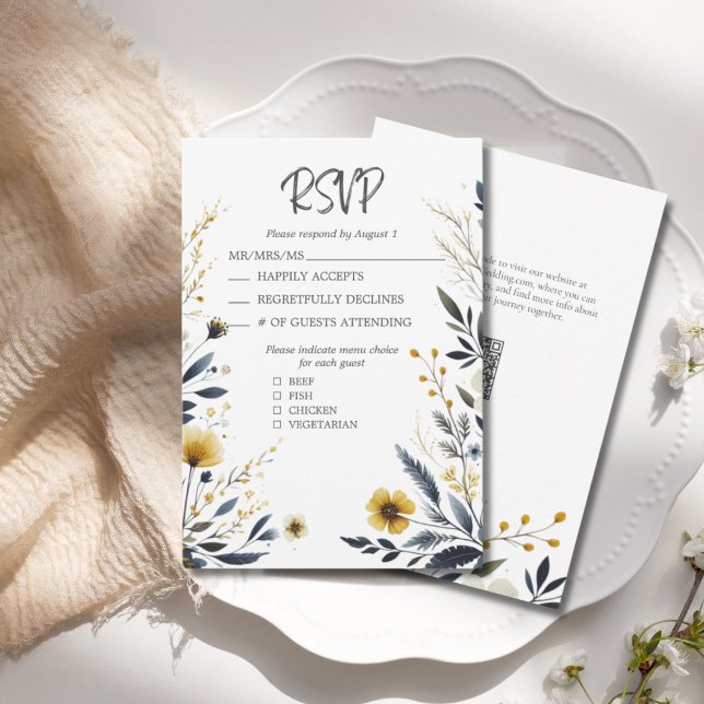 Cartão RSVP Casamento do Código QR Elegante das Flores Amarela (Blue Yellow Wildflowers Elegant Wedding RSVP Response Card with QR Code for Wedding Website.)