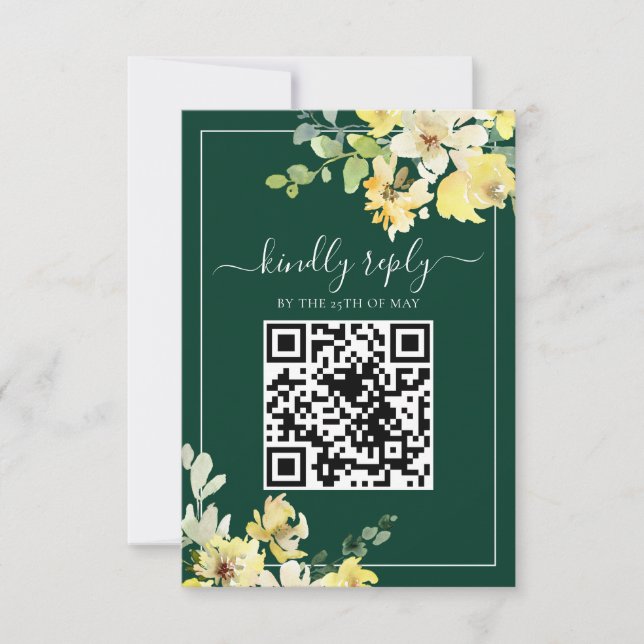 Cartão RSVP Casamento do Código QR Floral Amarelo Verde Verde  (Frente)