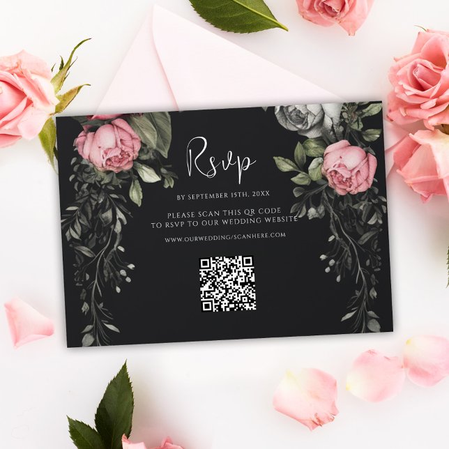 Cartão RSVP Casamento do Código QR Floral Dark Moody (Dark Moody Floral QR Code Wedding RSVP Card)