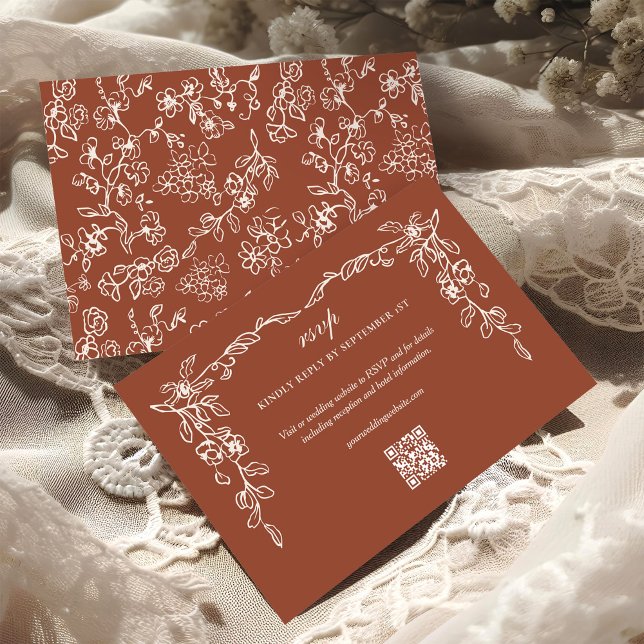 Cartão RSVP Casamento do Código QR Floral do Elegante Terracot (Criador carregado)