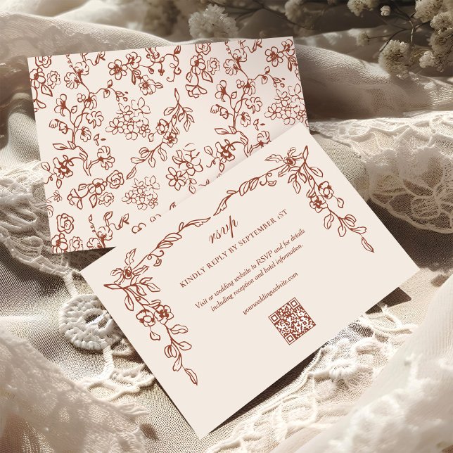 Cartão RSVP Casamento do Código QR Floral do Elegante Terracot (Criador carregado)