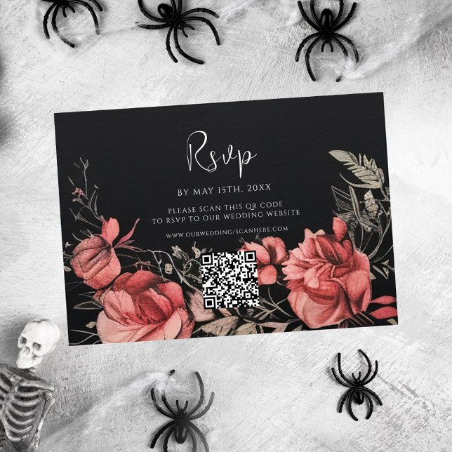 Cartão RSVP Casamento do Código QR Floral do Halloween Gothic (Halloween Gothic Floral QR Code Wedding RSVP Card)