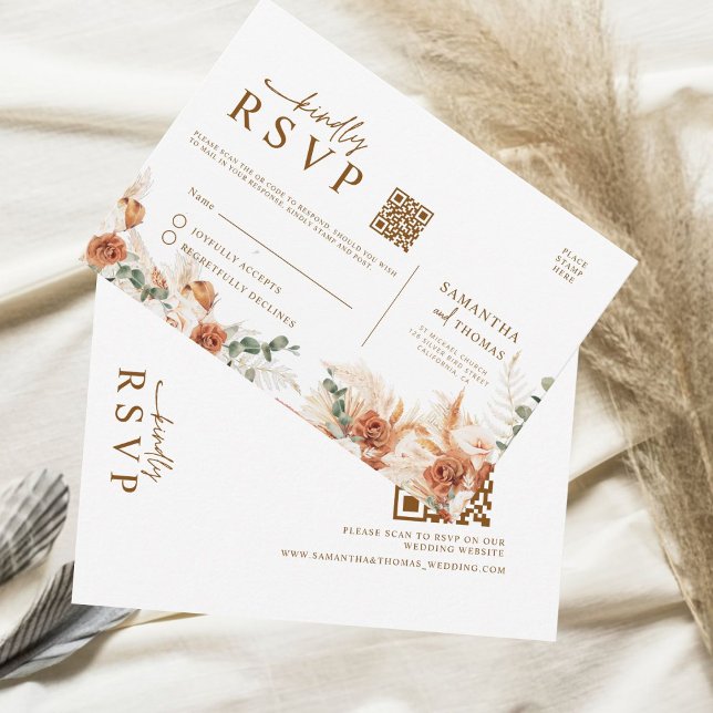 Cartão RSVP Casamento do Código QR Floral Terracotta Digital R (Criador carregado)