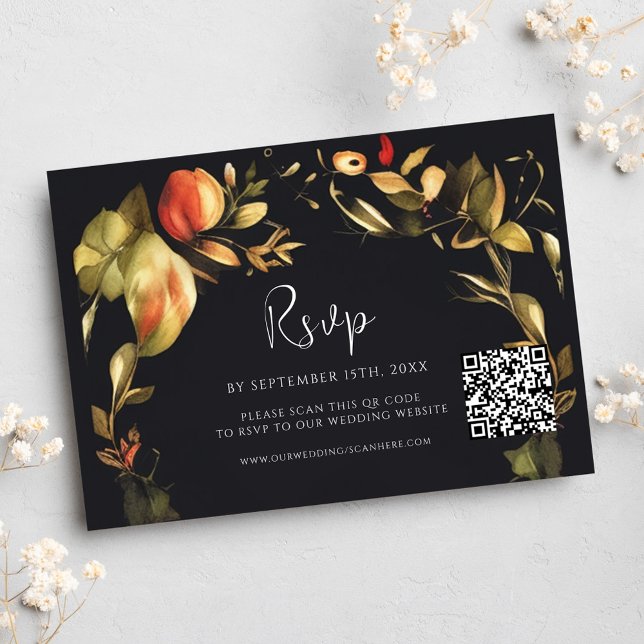 Cartão RSVP Casamento do Código QR Preto Floral Elegante (Elegant Floral Black QR Code Wedding RSVP Card)
