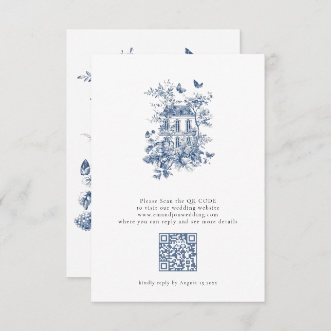 Cartão RSVP Casamento do Código QR Rustic Blue Toile De Jouy (Frente/Verso)