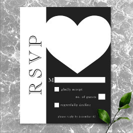 Cartão RSVP Casamento do Coração Branco Negro da Tipografia Mo