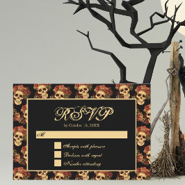 Cartão RSVP Casamento do Dia das Bruxas Negras com Rosa vermel