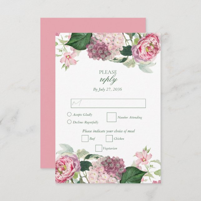 Cartão RSVP Casamento do Jardim das Flores Rosa Romântica com  (Frente/Verso)