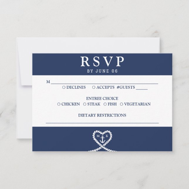 Cartão RSVP Casamento do Monograma da Coração Azul Náutica (Frente)
