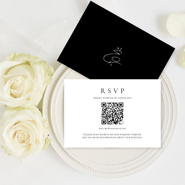 Cartão RSVP Casamento do Monograma do Código QR Branco e Preto (Criador carregado)