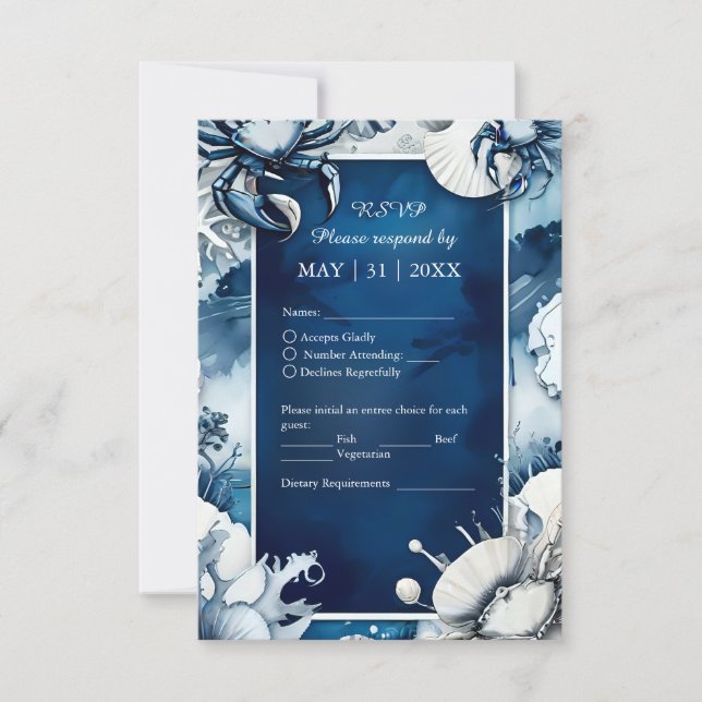 Cartão RSVP casamento do vibe litoral azul e branco (Frente)