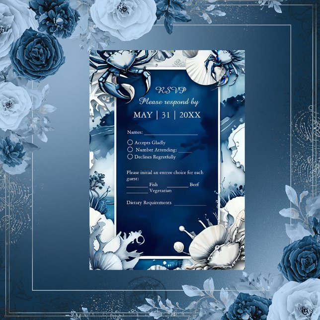 Cartão RSVP casamento do vibe litoral azul e branco (Criador carregado)