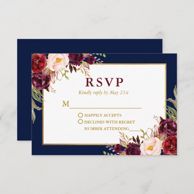 Cartão RSVP Casamento Dourado Azul de Borgonha Floral Elegante (Frente/Verso)