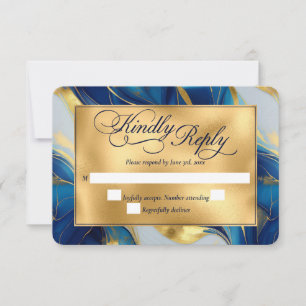 Cartão RSVP Casamento Dourado, Azul e Branco Marmoreado Elegan