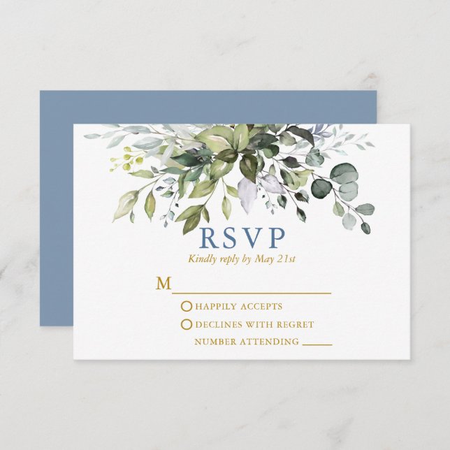 Cartão RSVP Casamento Dourado Azul e Dusty com Molercola Verde (Frente/Verso)