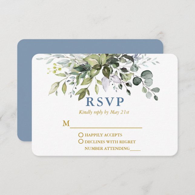 Cartão RSVP Casamento Dourado Azul e Dusty com Molercola Verde (Frente/Verso)