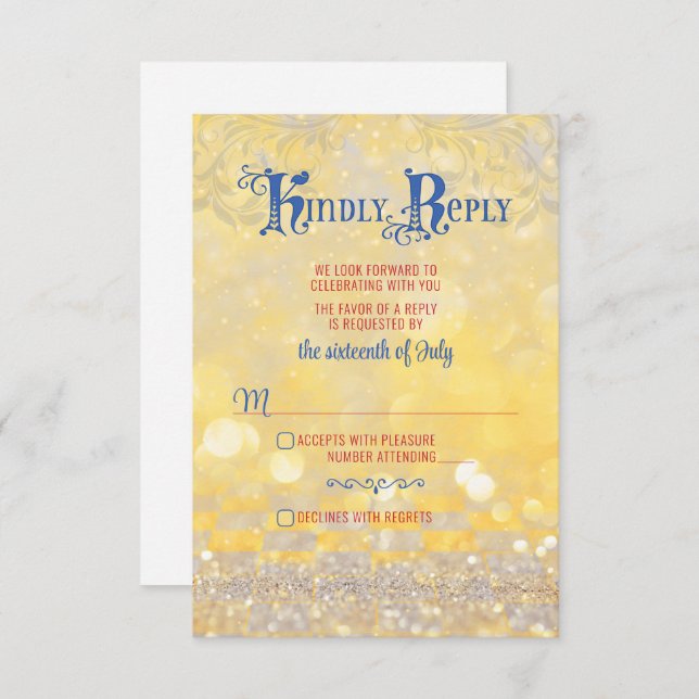 Cartão RSVP Casamento Dourado Azul Rosa vermelha de Leite (Frente/Verso)