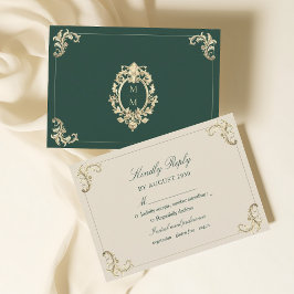 Cartão RSVP Casamento Dourado Barroco Verde Emerald