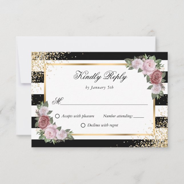 Cartão RSVP Casamento Dourado Blush Floral Preto Elegante (Frente)