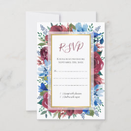 Cartão RSVP Casamento Dourado Botânico Azul-Borgonha