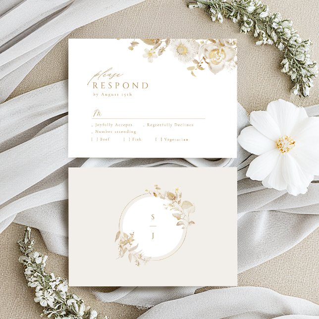 Cartão RSVP Casamento Dourado Botânico Elegante (Elegant Modern Gold Botanical Floral Wedding RSVP Card)