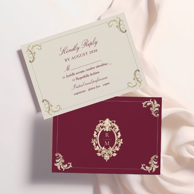 Cartão RSVP Casamento Dourado Burgundy Barroco (Criador carregado)