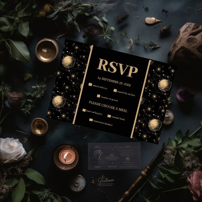 Cartão RSVP Casamento Dourado Celestial Místico Negro (Criador carregado)