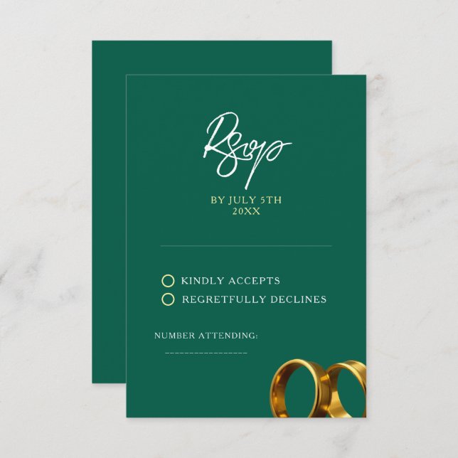Cartão RSVP Casamento Dourado Chic Emerald Green (Frente/Verso)