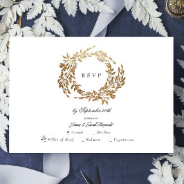 Cartão RSVP Casamento Dourado Clássico Monograma de Crest Botâ