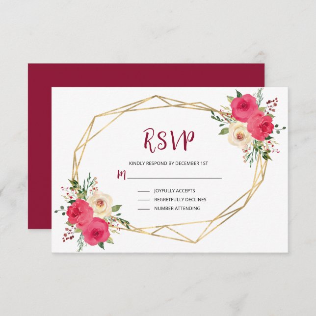 Cartão RSVP Casamento Dourado com Aquarela Geométrica Burgundy (Frente/Verso)