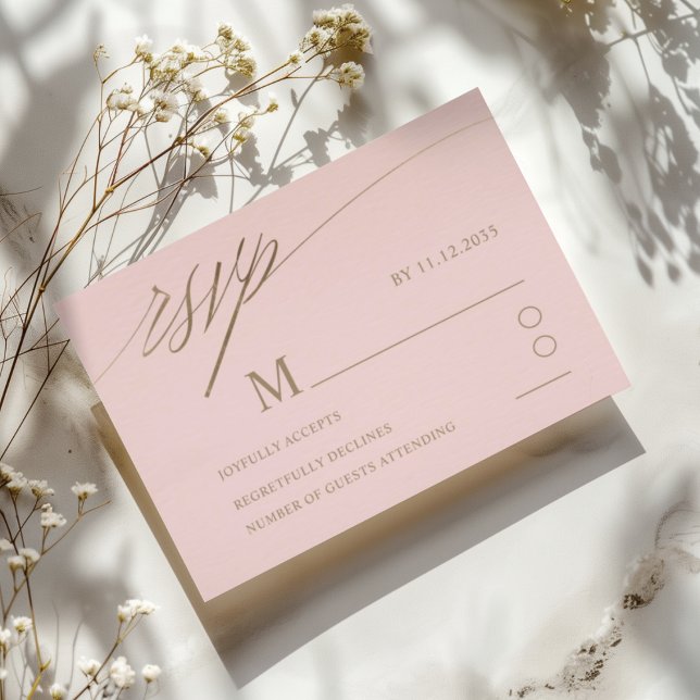 Cartão RSVP Casamento Dourado com Caligrafia Simples, Rosa e F (Criador carregado)