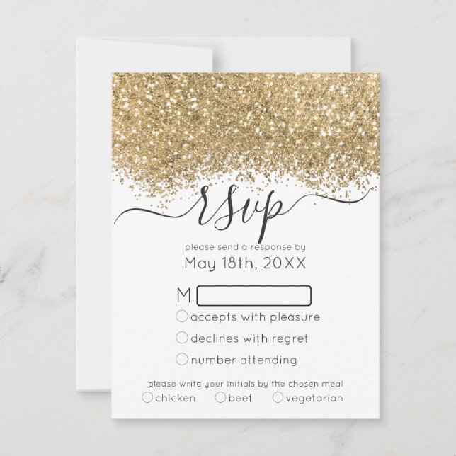 Cartão RSVP Casamento Dourado com Confetti,  Luxo Moderno (Frente)