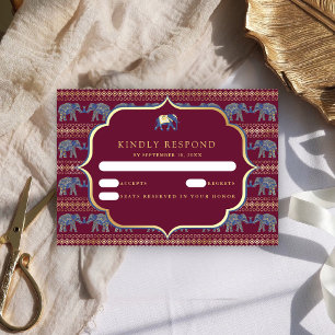 Cartão RSVP Casamento Dourado com elefantes e birmaneses