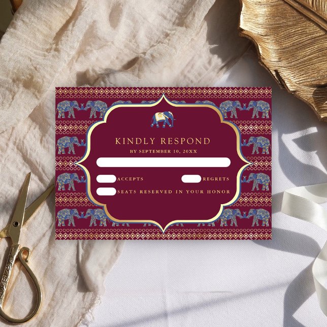Cartão RSVP Casamento Dourado com elefantes e birmaneses (Criador carregado)