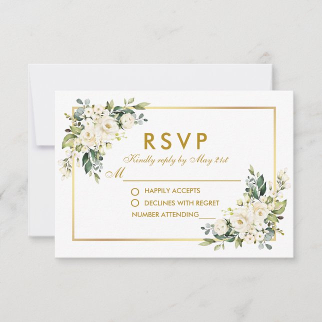 Cartão RSVP Casamento Dourado com vegetação floral branca (Frente)