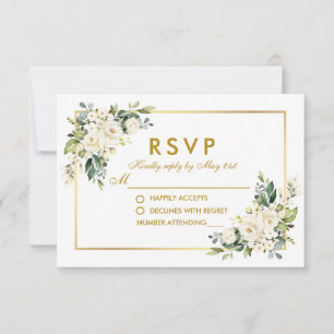 Cartão RSVP Casamento Dourado com vegetação floral branca
