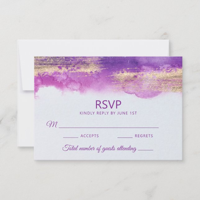 Cartão RSVP Casamento Dourado com Violeta Violeta Púrpura das  (Frente)