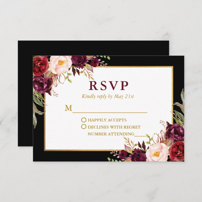 Cartão RSVP Casamento Dourado da Borgonha Floral Elegante (Frente/Verso)