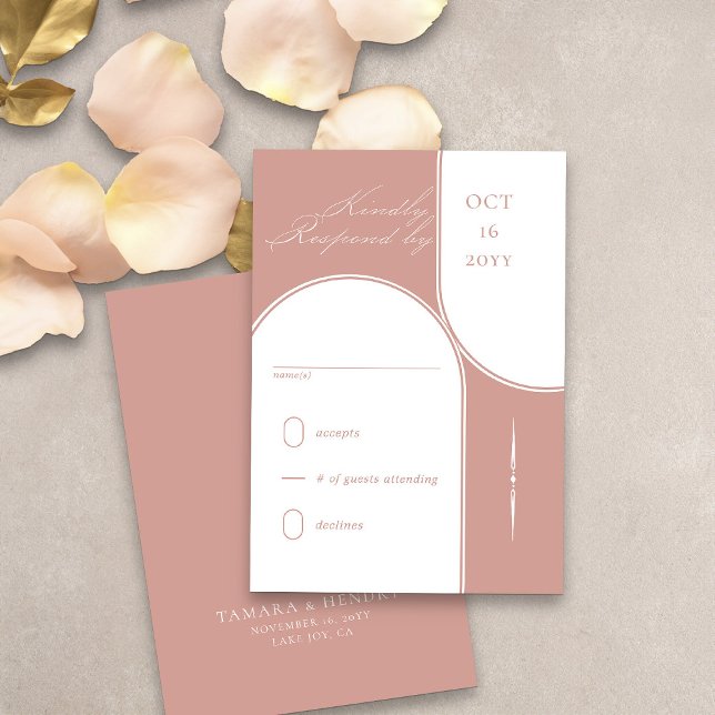 Cartão RSVP Casamento Dourado da Caligrafia Elegante de Arca M (Modern arches rose gold wedding rsvp card from my Wedding Colors collection)
