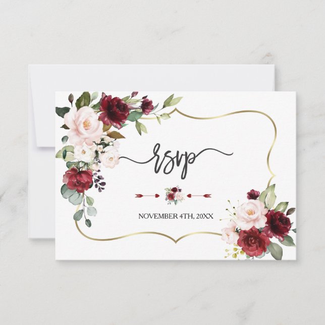 Cartão RSVP Casamento Dourado das Flores do Burgundy Blush (Frente)