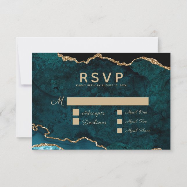 Cartão RSVP Casamento Dourado de Agata de Teal Seleção de Refe (Frente)