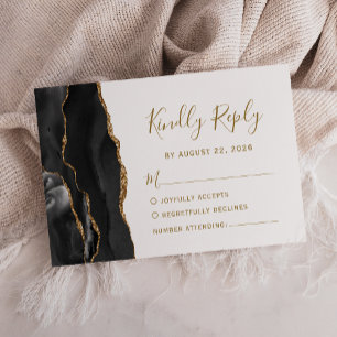Cartão RSVP Casamento Dourado de Agata Negra Moderno