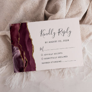 Cartão RSVP Casamento Dourado de Agate Agate Burgundy Moderno