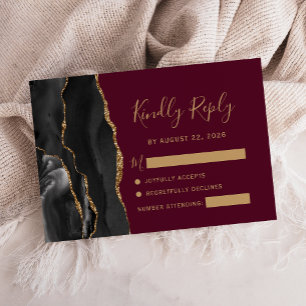Cartão RSVP Casamento Dourado de Agato Negro Moderno com Borgo