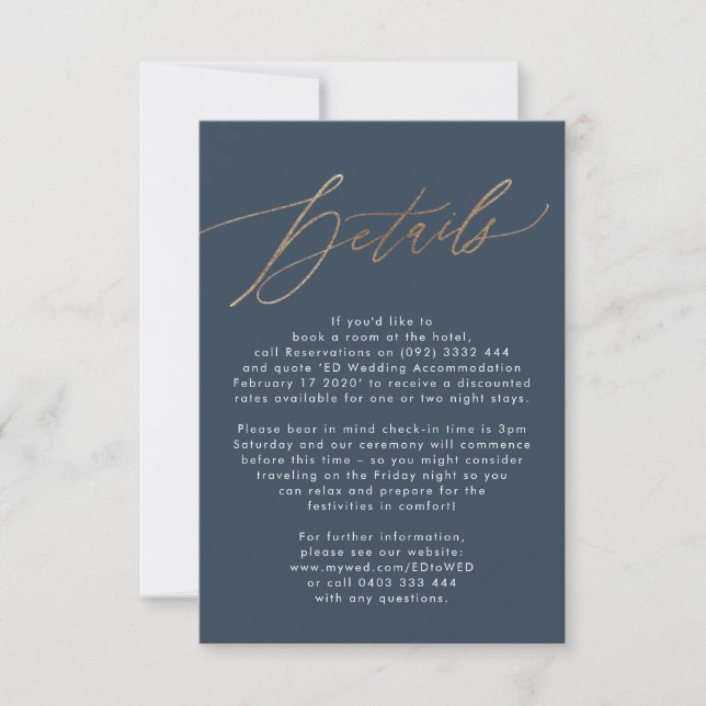 Cartão RSVP Casamento Dourado de Alojamento de Detalhes Azuis  (Frente)